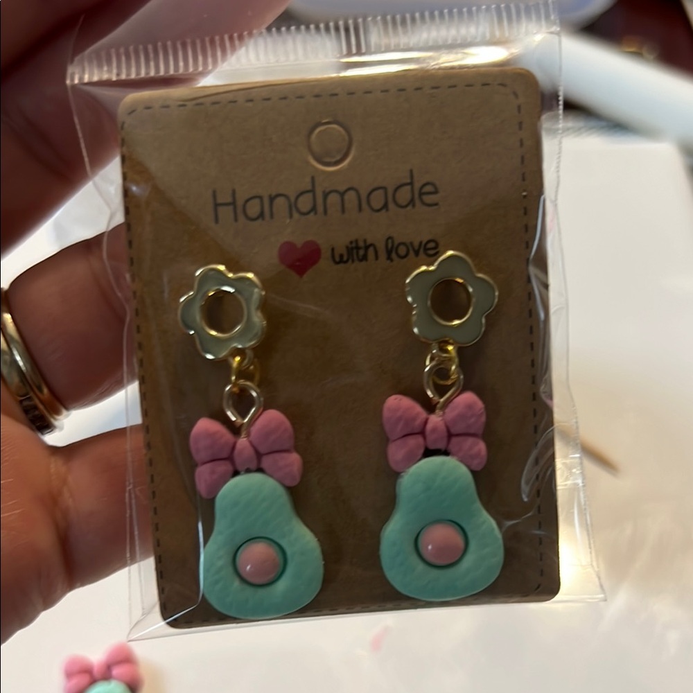 Handmade Avocado Earrings with Pink Bow